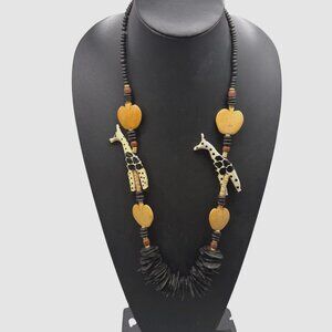 Handcrafted Giraffe Necklace Wooden Beads Black Accents Boho Style